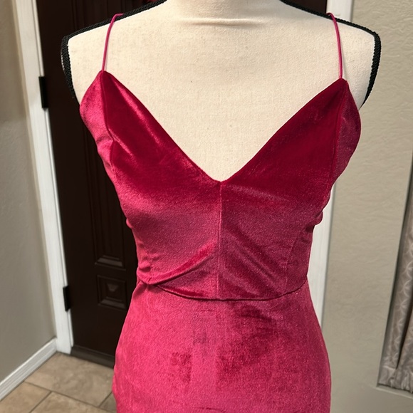 Deep Fuchsia Pink Calf Length Velvet Criss Cross Open Back Dress - Picture 2 of 11